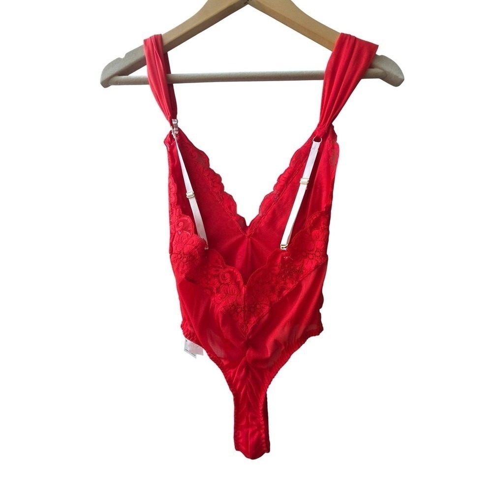 NWT Free People Cheap & Cheerful Plunge Bodysuit S Blood Orange Recycled Lace